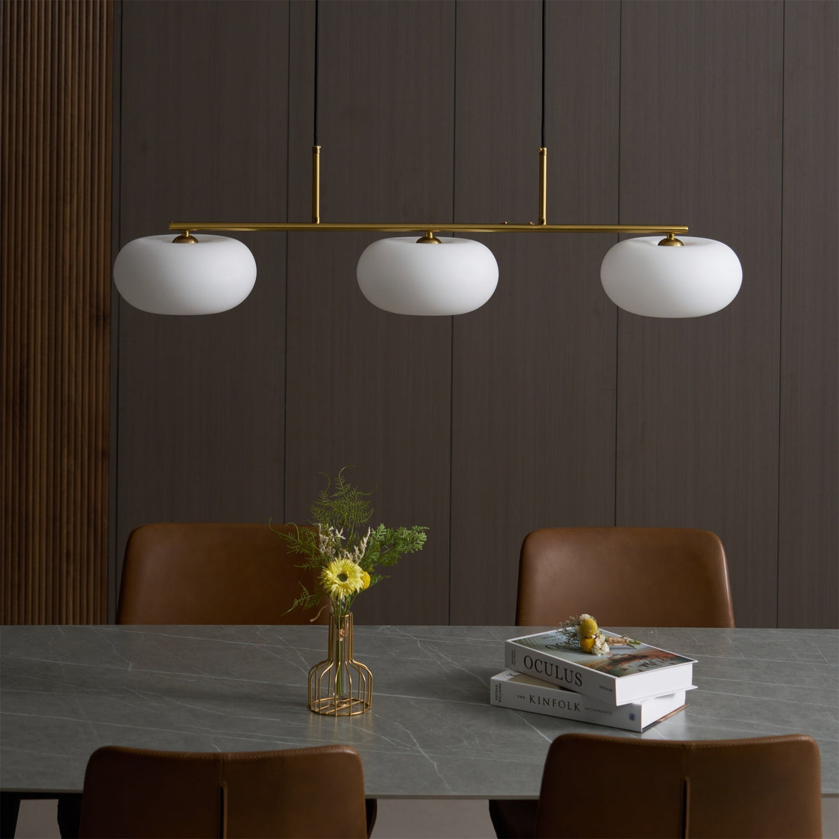 Trio Globe Pendant Three-Light Linear Bar with Adjustable Cables