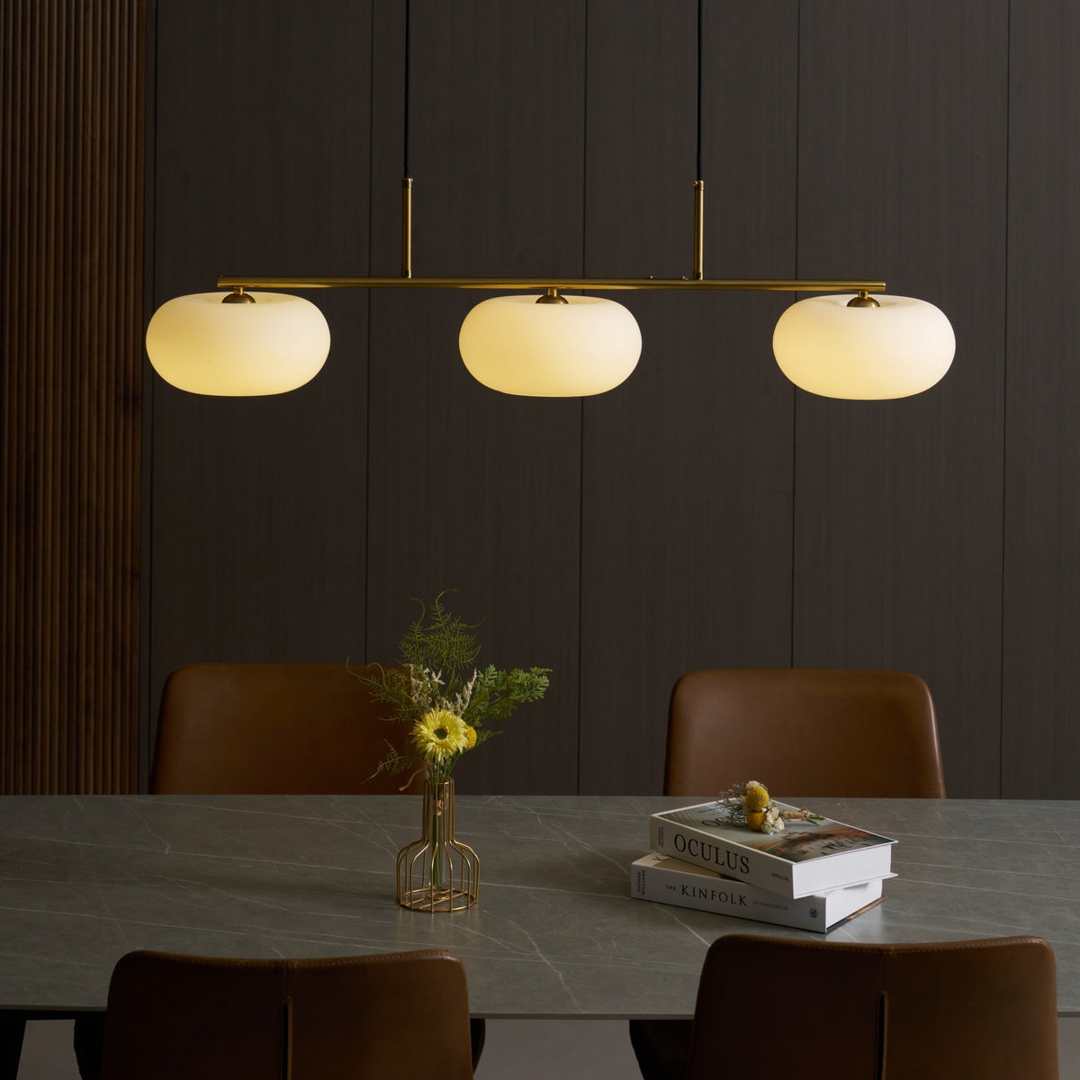 Trio Globe Pendant Three-Light Linear Bar with Adjustable Cables