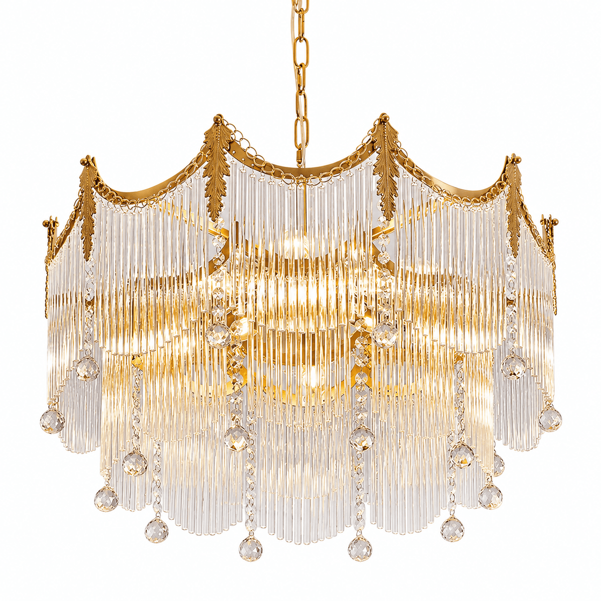 Cascading Crystal Chandelier Glass Rod Ceiling Light with Curved Metal Panels