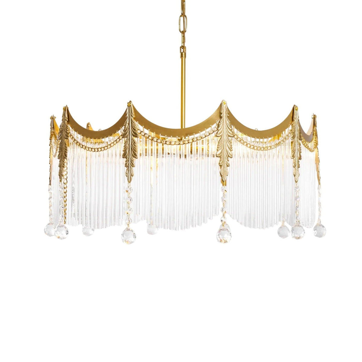 Cascading Crystal Chandelier Glass Rod Ceiling Light with Curved Metal Panels