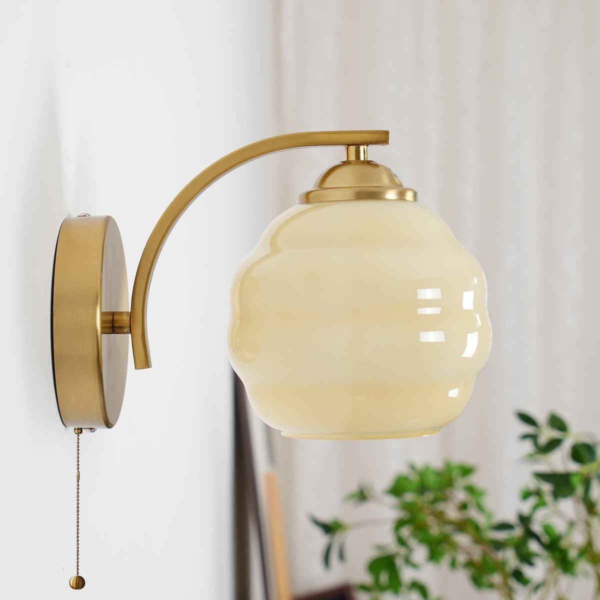 Scalloped Glass Wall Sconce with Ribbed Shade and Metal Backplate
