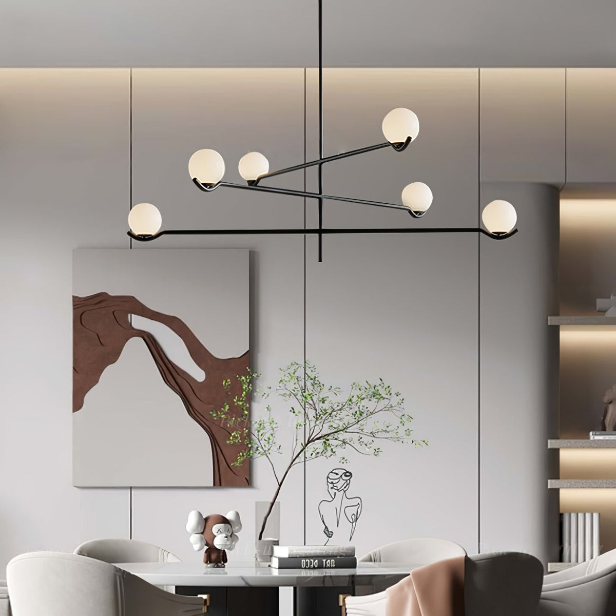 Halo Globe Pendant Light Branching Metal Frame with White Glass Globes
