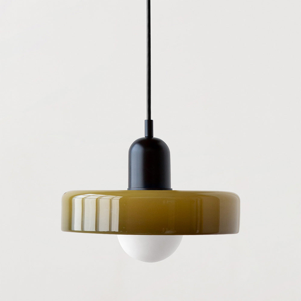 Bauhaus Glass Pendant Light with Curved Dome Shade and Lacquered Metal Top