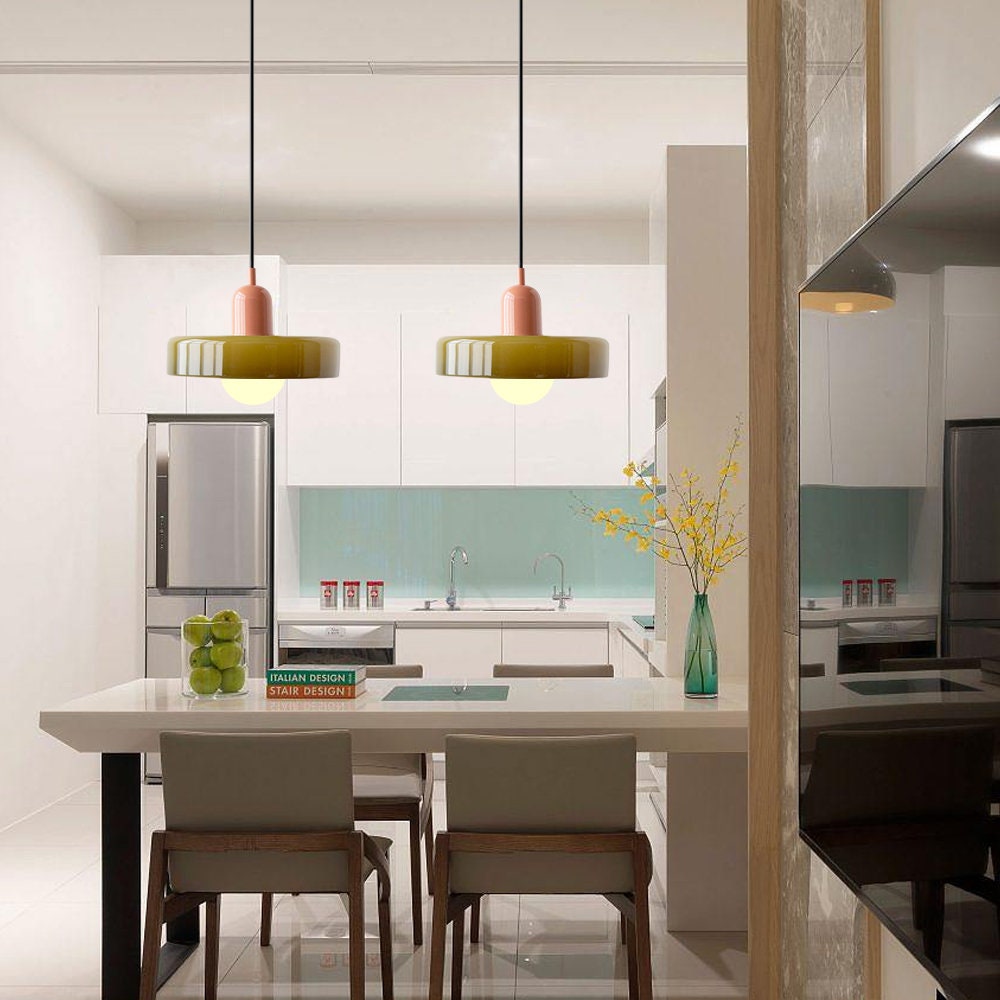 Bauhaus Glass Pendant Light with Curved Dome Shade and Lacquered Metal Top