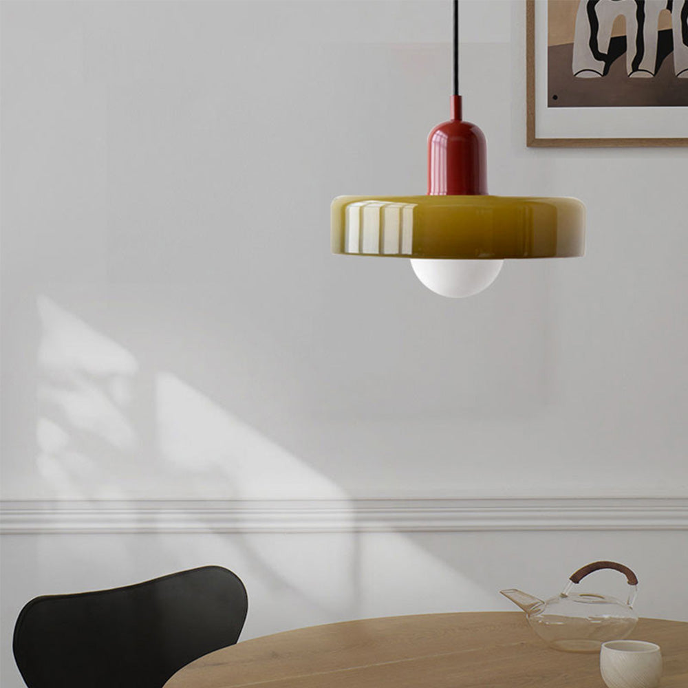 Bauhaus Glass Pendant Light with Curved Dome Shade and Lacquered Metal Top