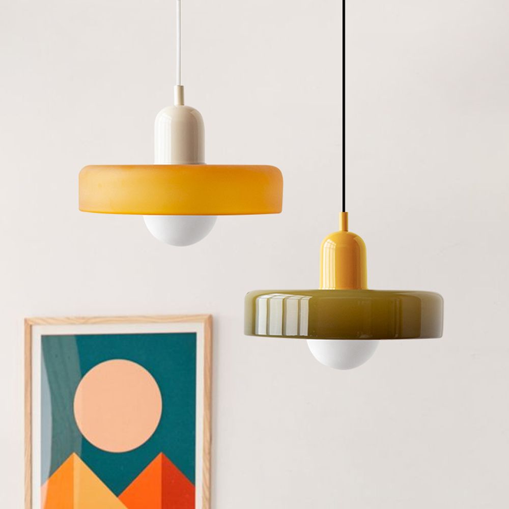 Bauhaus Glass Pendant Light with Curved Dome Shade and Lacquered Metal Top