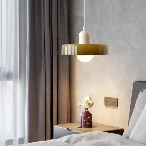 Bauhaus Glass Pendant Light with Curved Dome Shade and Lacquered Metal Top