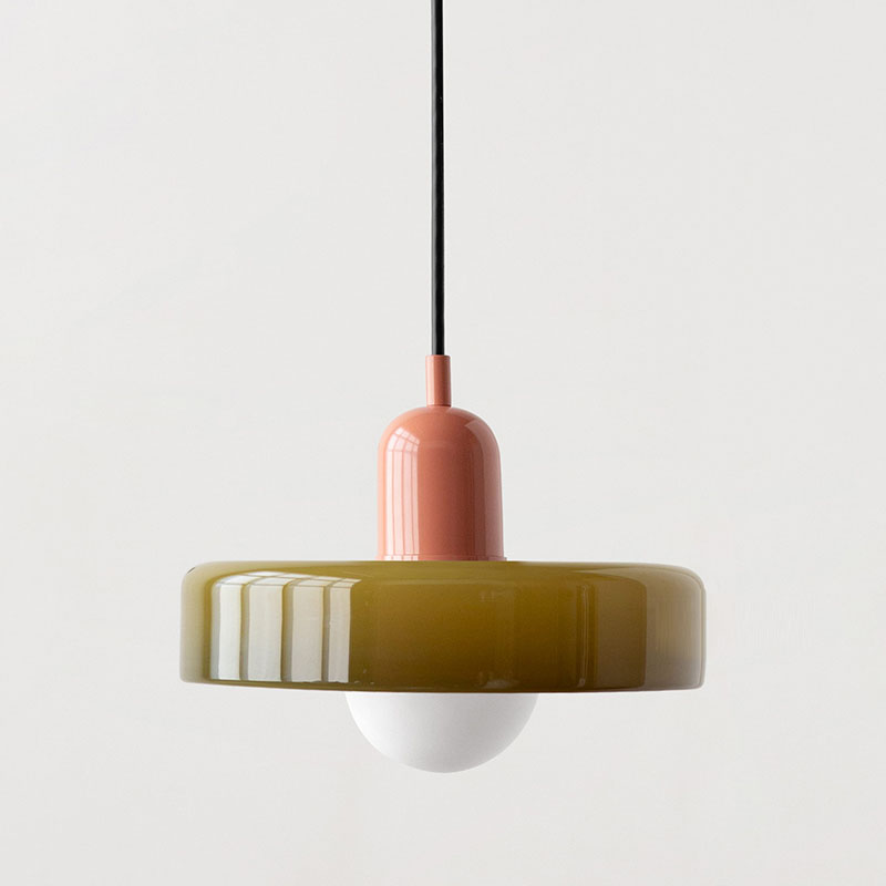 Bauhaus Glass Pendant Light with Curved Dome Shade and Lacquered Metal Top