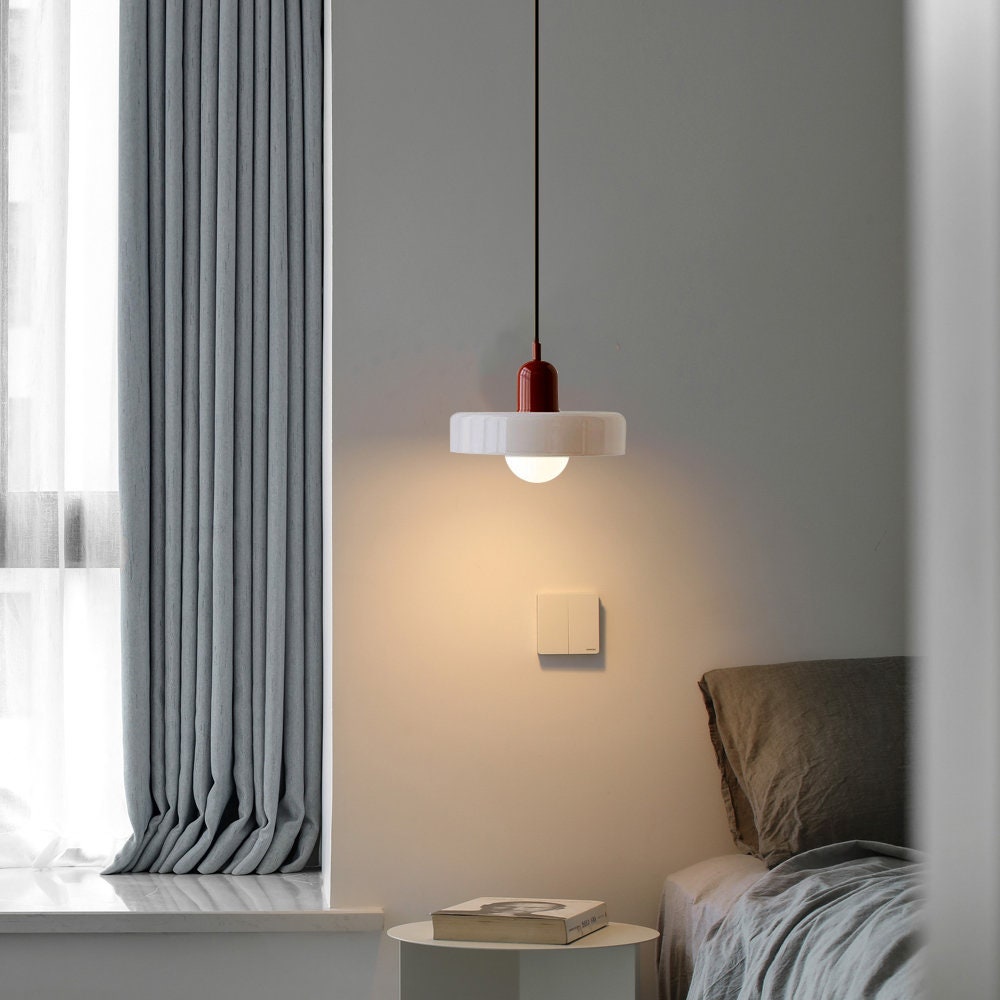 Bauhaus Glass Pendant Light with Curved Dome Shade and Lacquered Metal Top