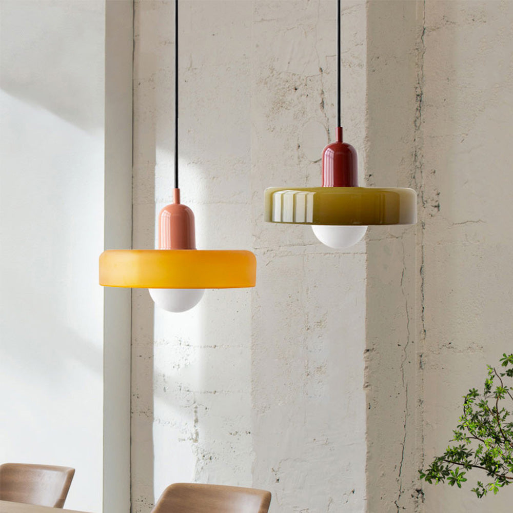 Bauhaus Glass Pendant Light with Curved Dome Shade and Lacquered Metal Top