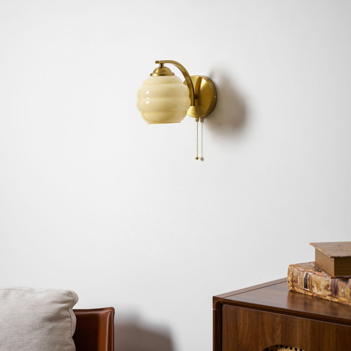 Scalloped Glass Wall Sconce with Ribbed Shade and Metal Backplate