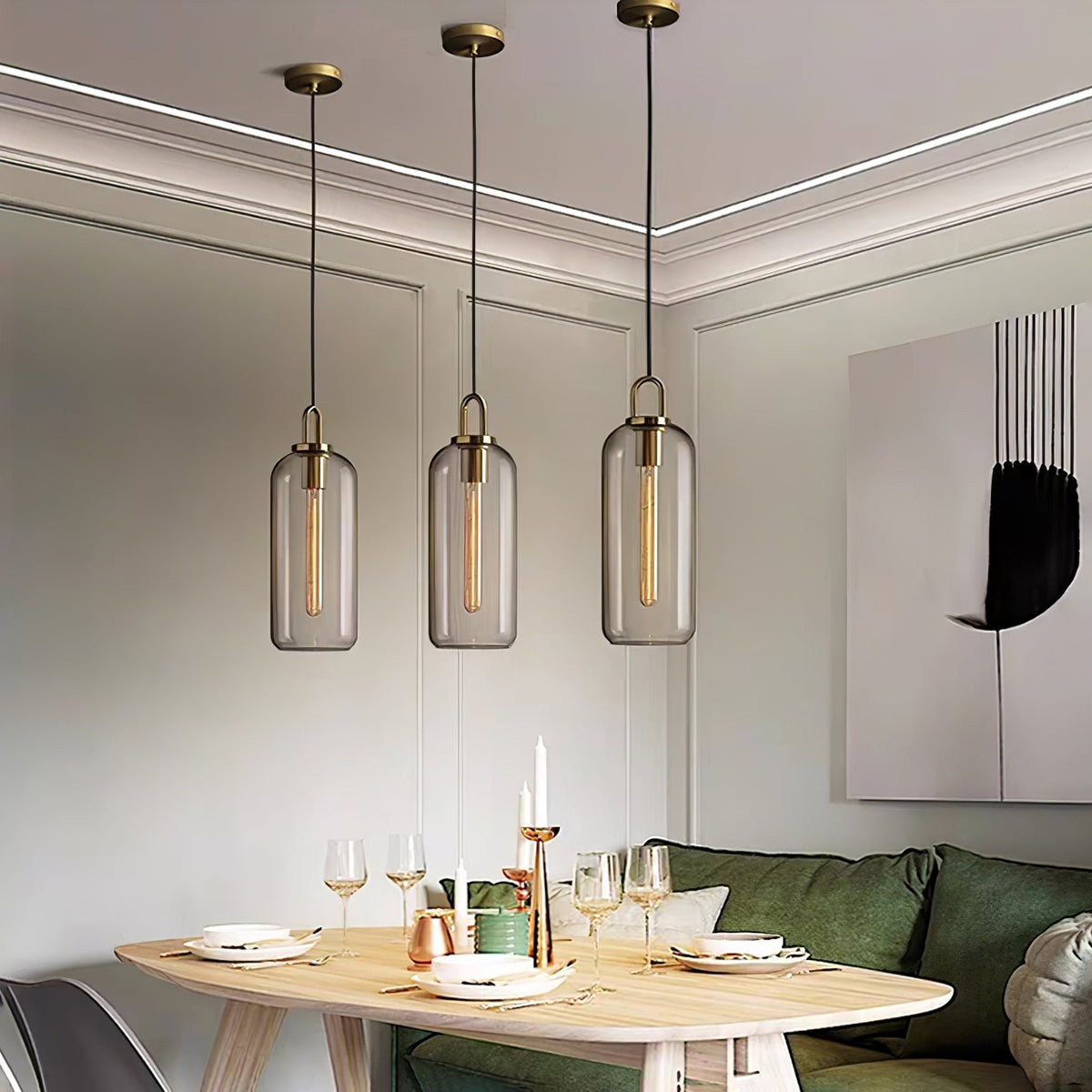 Copper Glass Pendant Elongated Cylinder Shade with Copper-Plated Hardware
