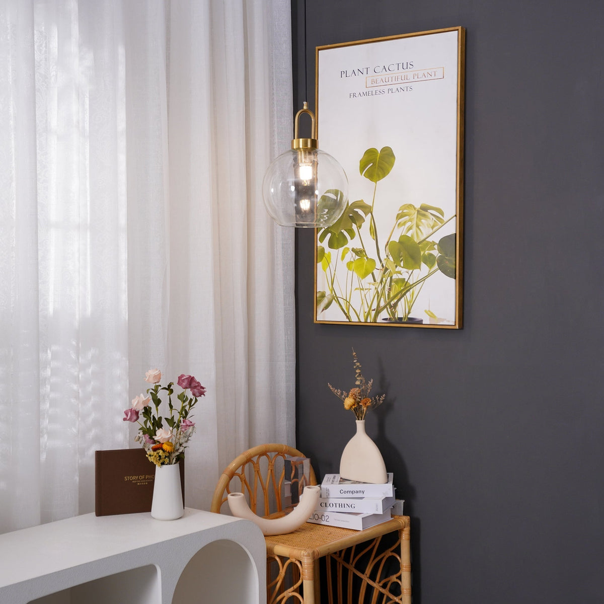 Copper Glass Pendant Elongated Cylinder Shade with Copper-Plated Hardware