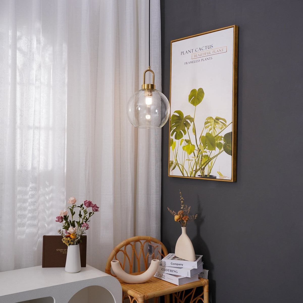 Copper Glass Pendant Elongated Cylinder Shade with Copper-Plated Hardware