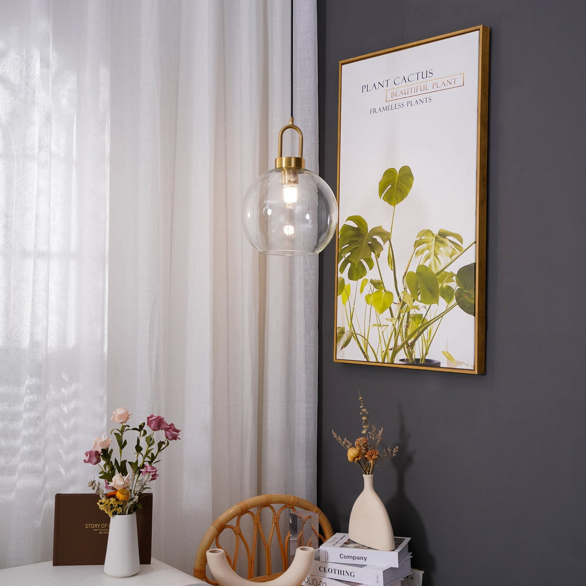 Copper Glass Pendant Elongated Cylinder Shade with Copper-Plated Hardware