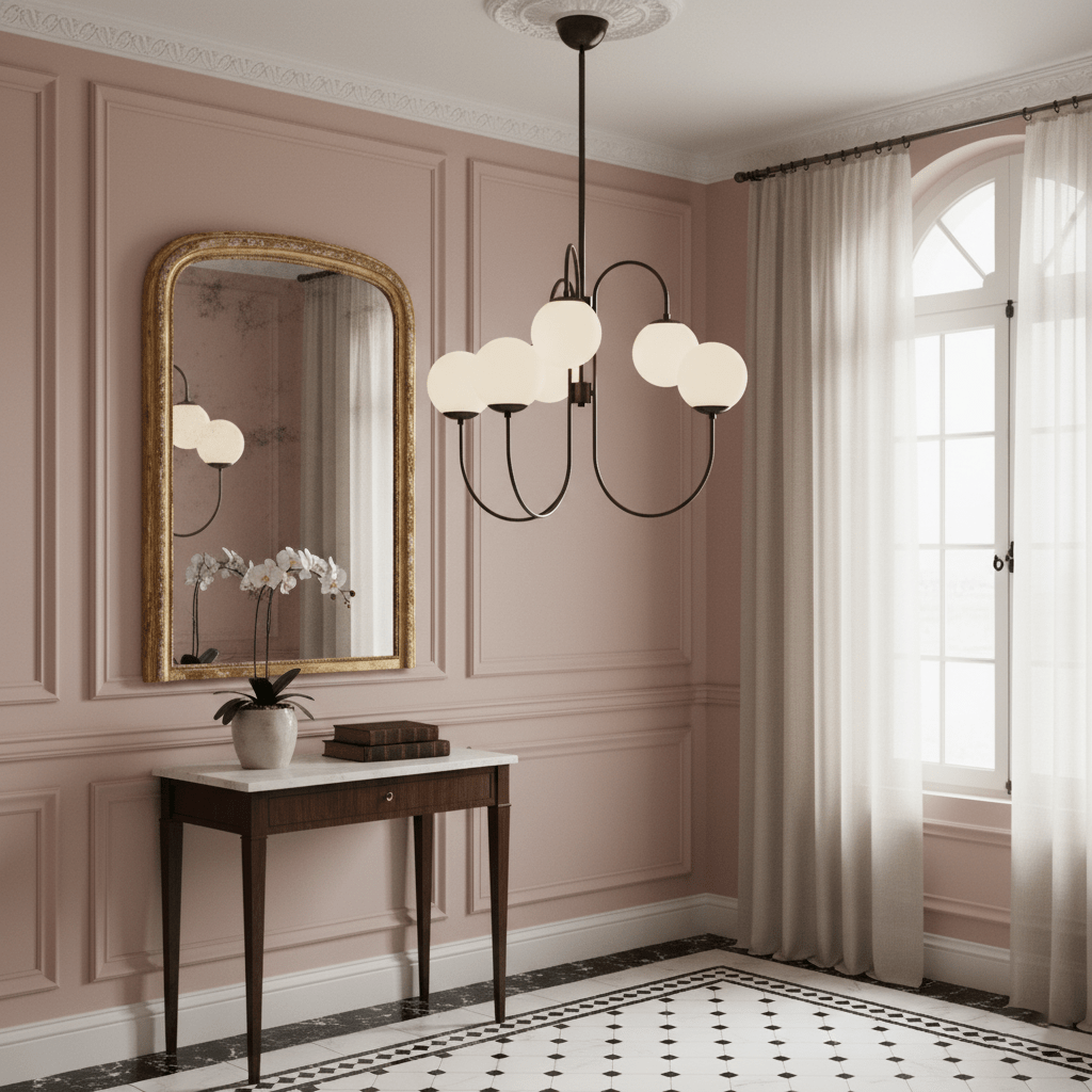 Halo Globe Chandelier with White Glass Globes and Branching Metal Frame