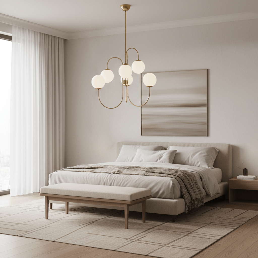 Halo Globe Chandelier with White Glass Globes and Branching Metal Frame