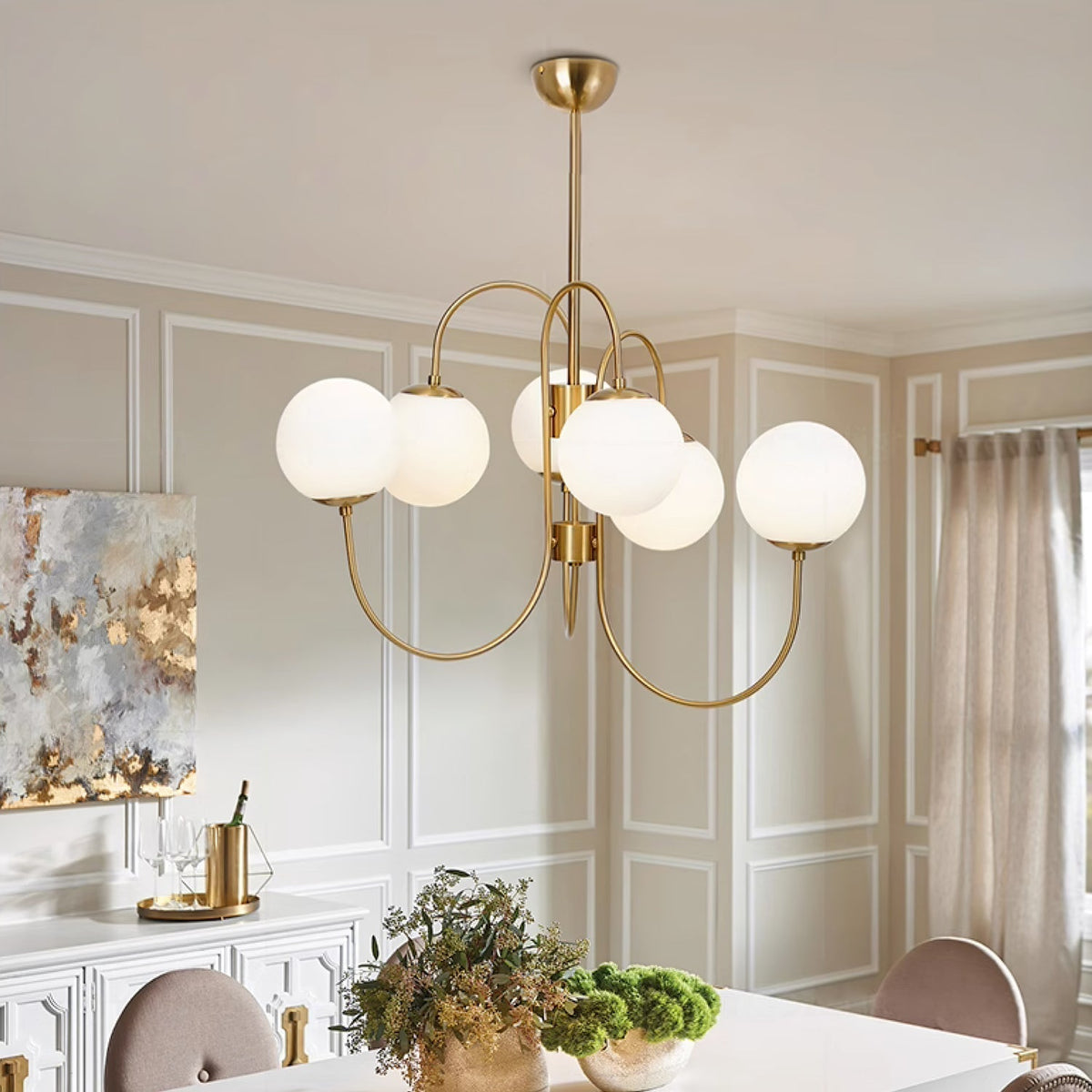 Halo Globe Chandelier with White Glass Globes and Branching Metal Frame