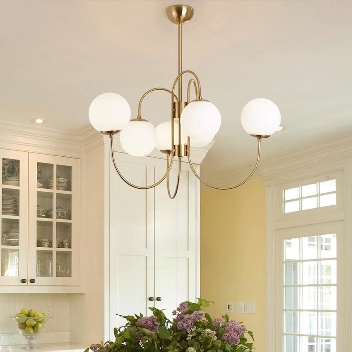 Halo Globe Chandelier with White Glass Globes and Branching Metal Frame