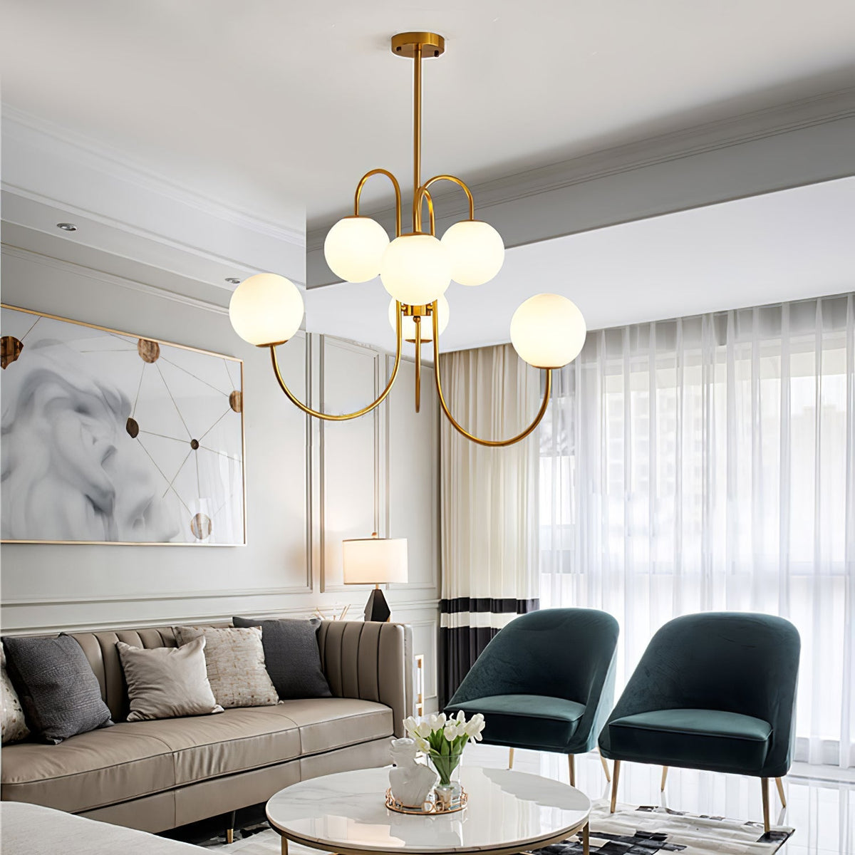 Halo Globe Chandelier with White Glass Globes and Branching Metal Frame