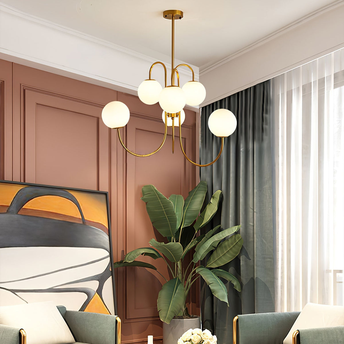 Halo Globe Chandelier with White Glass Globes and Branching Metal Frame