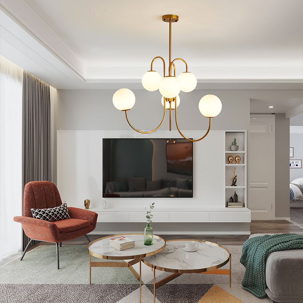 Halo Globe Chandelier with White Glass Globes and Branching Metal Frame