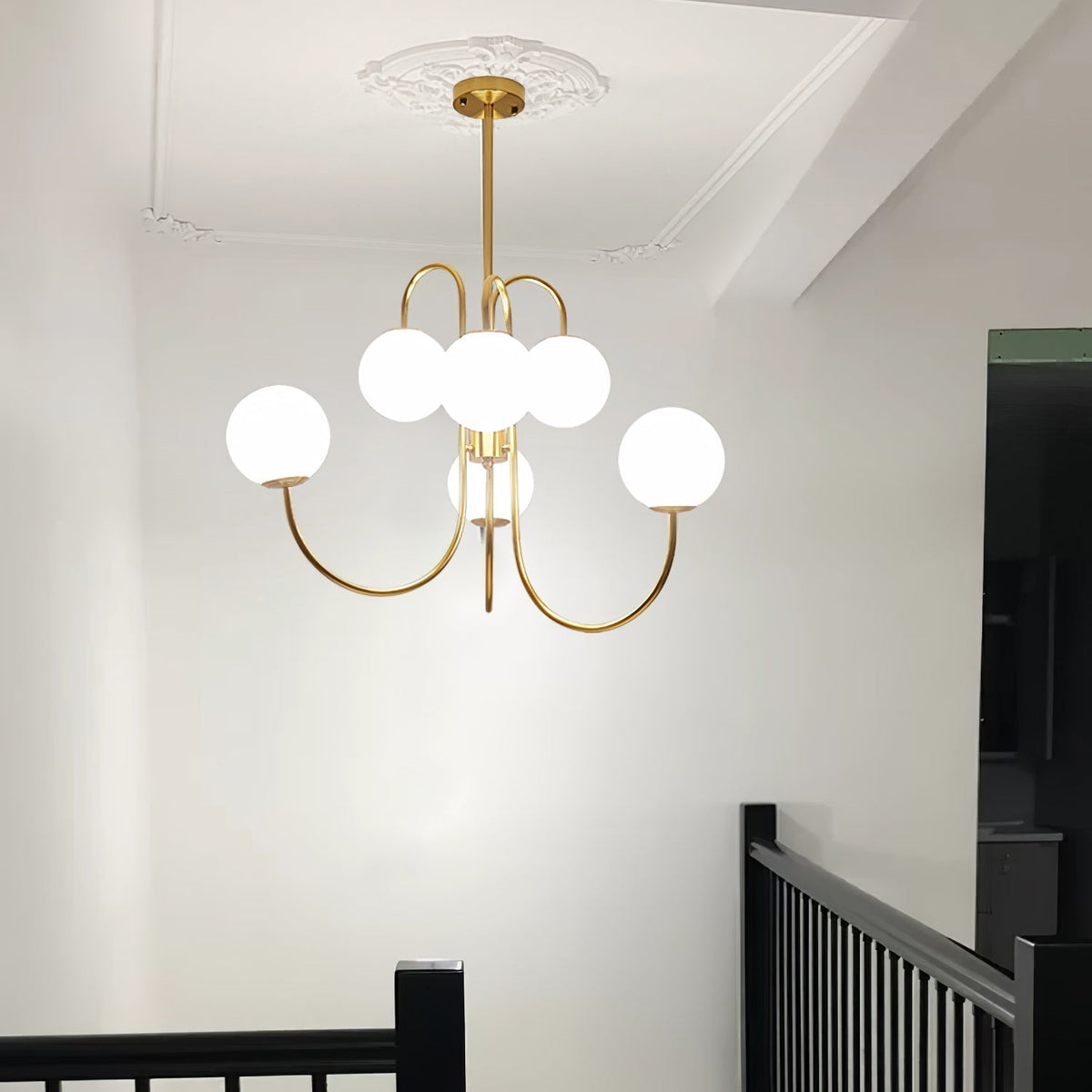 Halo Globe Chandelier with White Glass Globes and Branching Metal Frame