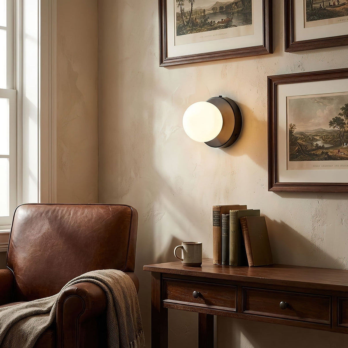Halo Globe Sconce White Glass Wall Light with Circular Metal Backplate