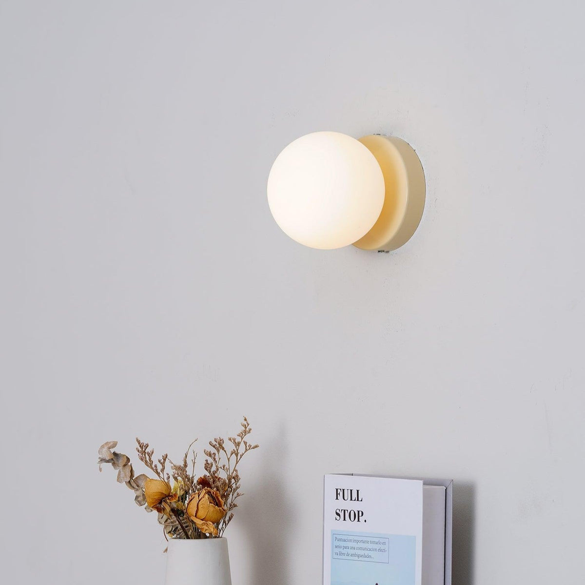 Halo Globe Sconce White Glass Wall Light with Circular Metal Backplate