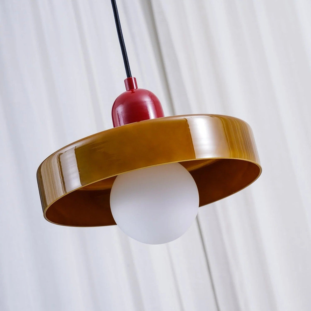 Bauhaus Glass Pendant Light with Curved Dome Shade and Lacquered Metal Top