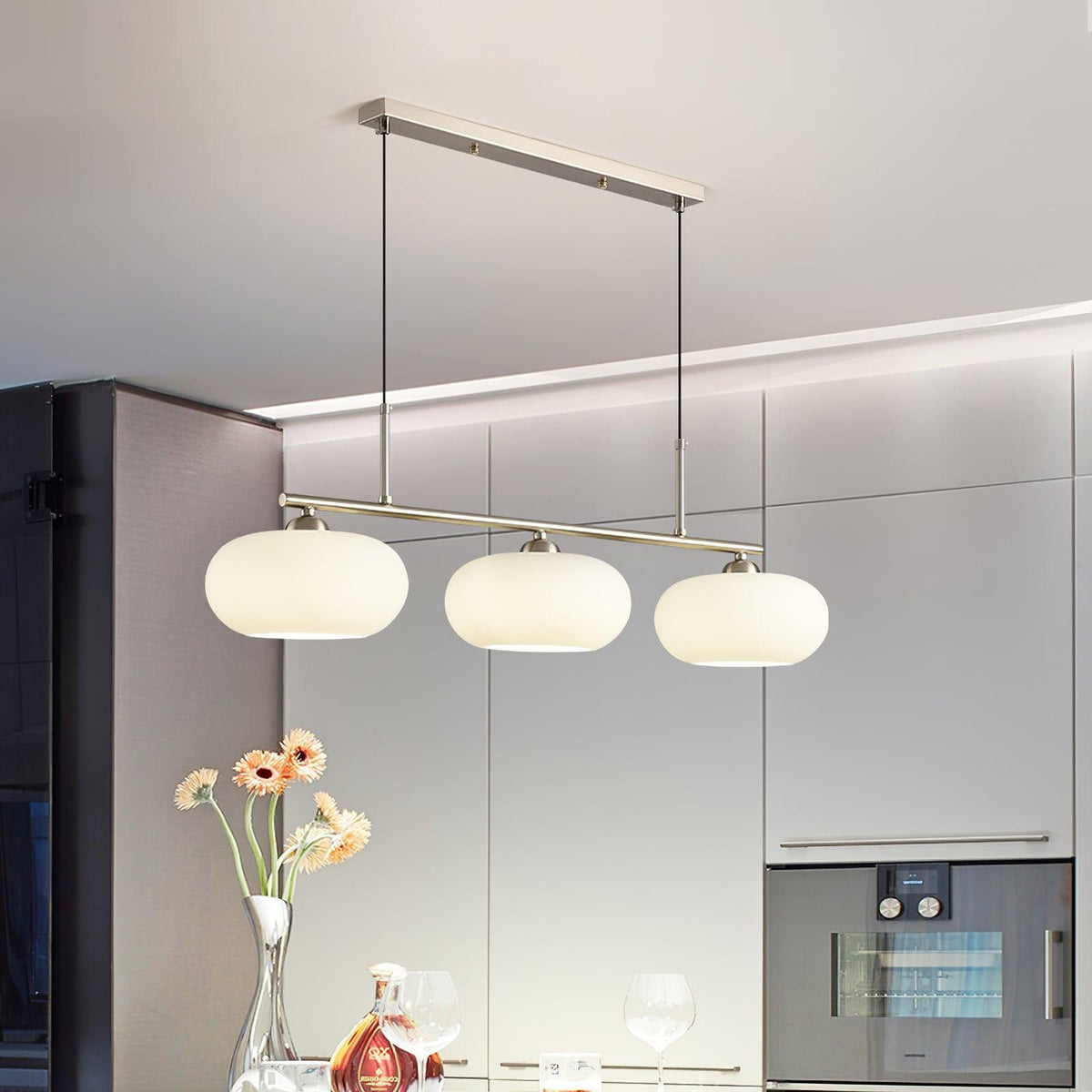 Trio Globe Pendant Three-Light Linear Bar with Adjustable Cables