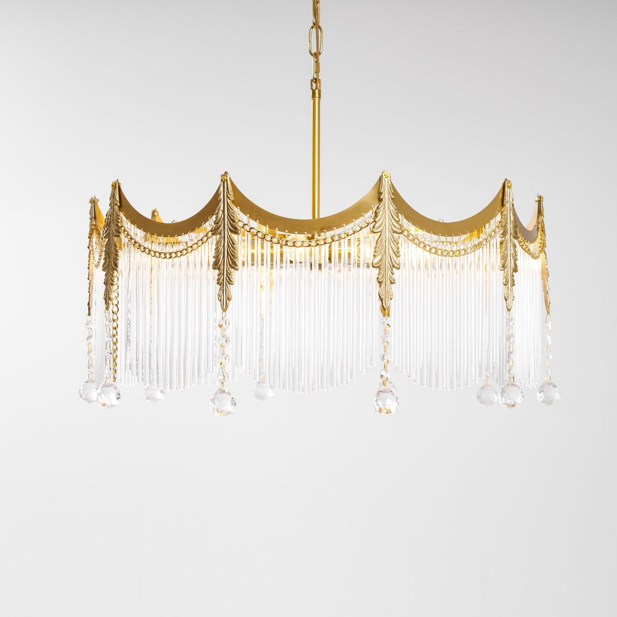 Cascading Crystal Chandelier Glass Rod Ceiling Light with Curved Metal Panels