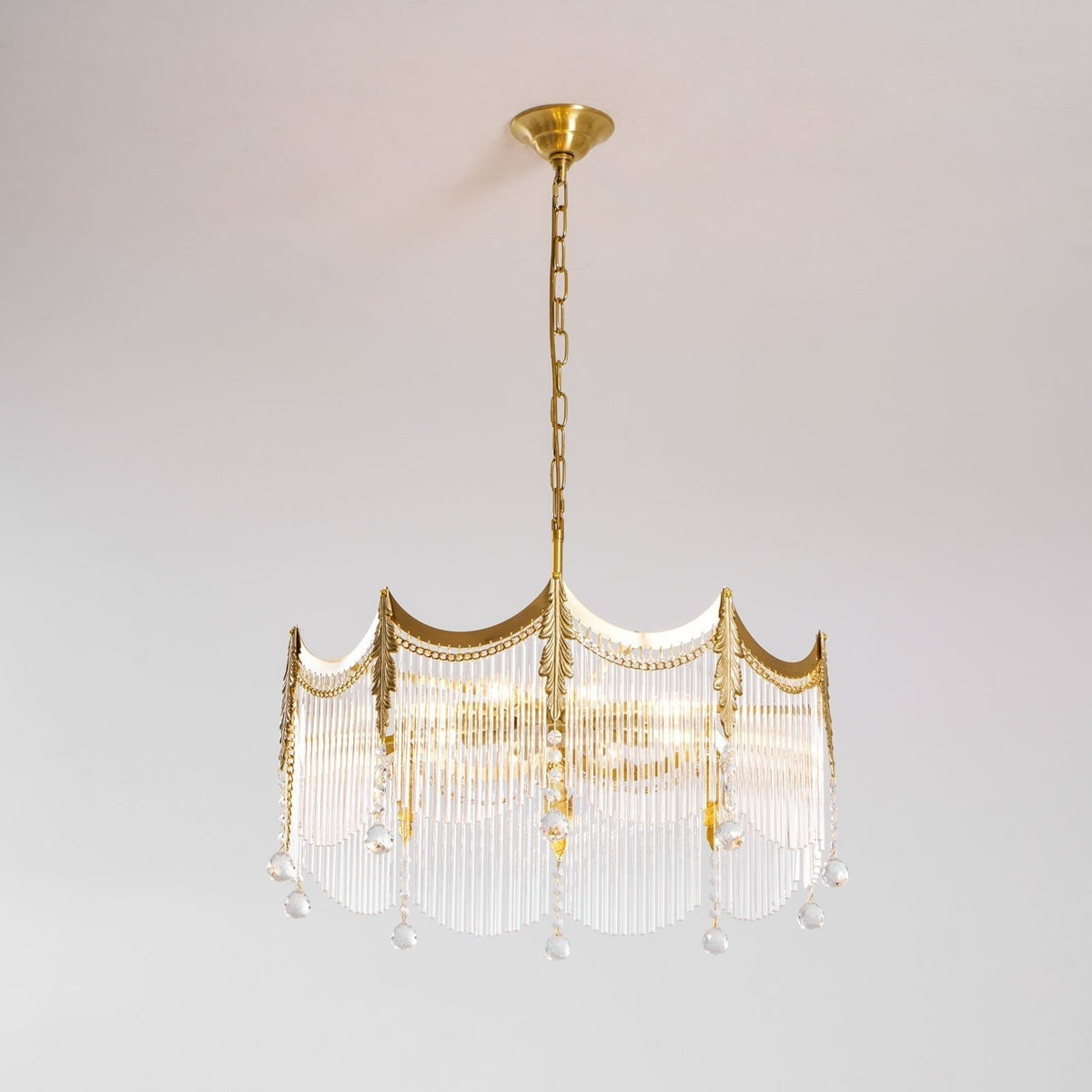 Cascading Crystal Chandelier Glass Rod Ceiling Light with Curved Metal Panels