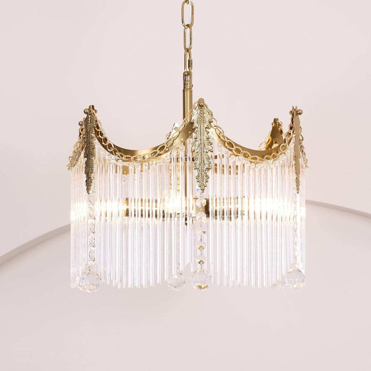 Cascading Crystal Chandelier Glass Rod Ceiling Light with Curved Metal Panels