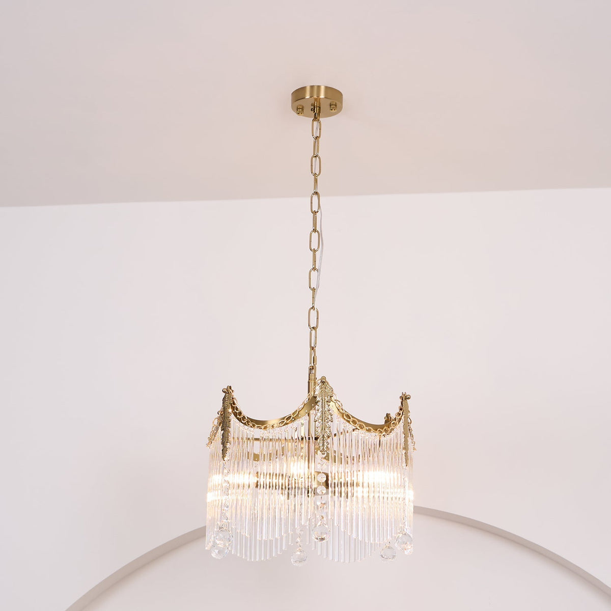Cascading Crystal Chandelier Glass Rod Ceiling Light with Curved Metal Panels