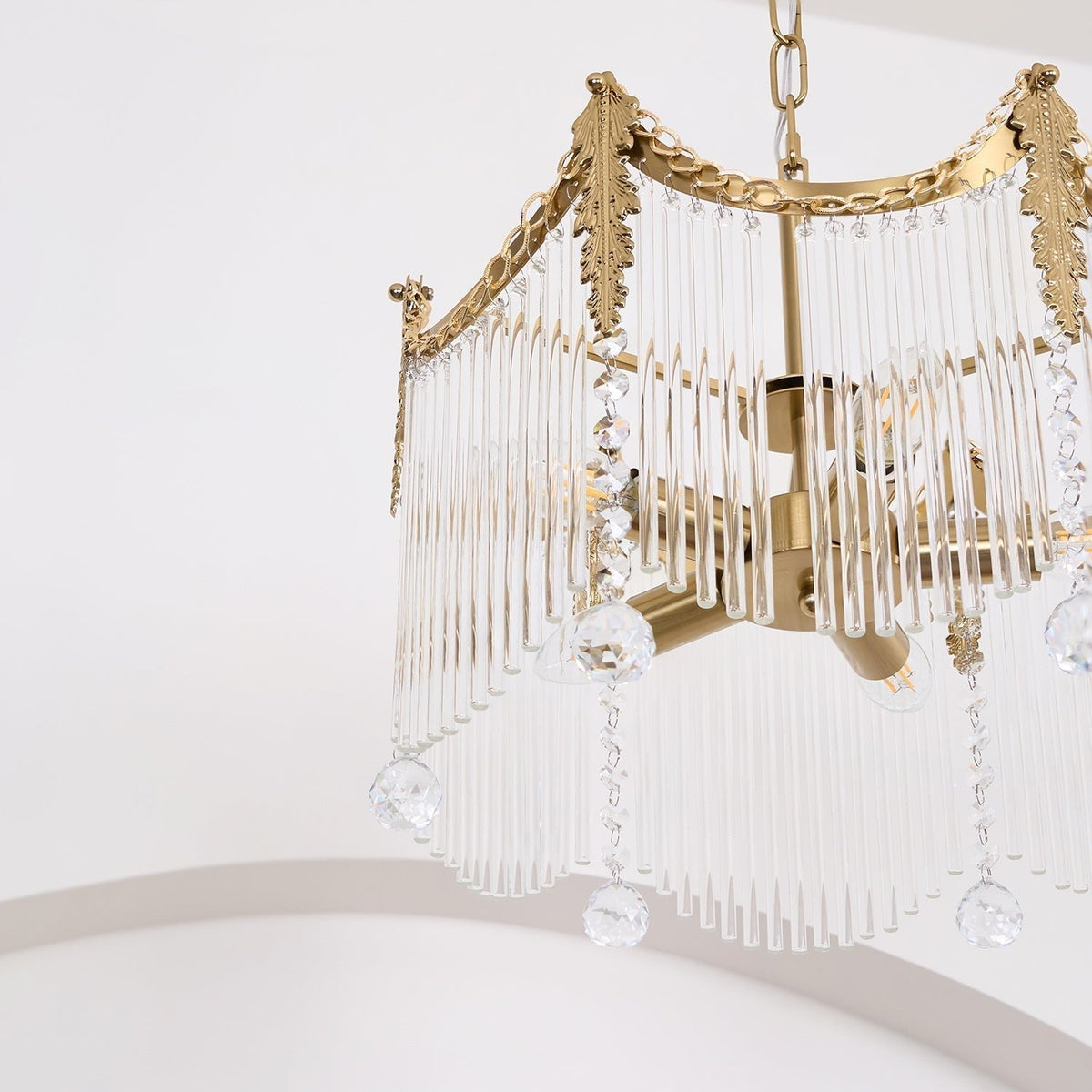 Cascading Crystal Chandelier Glass Rod Ceiling Light with Curved Metal Panels