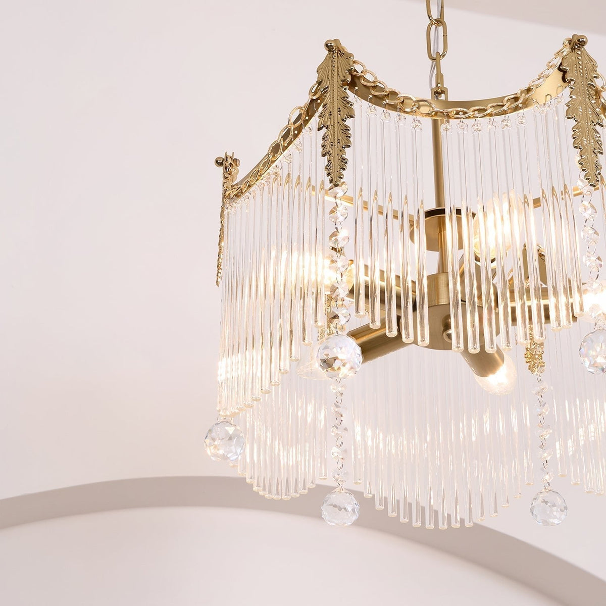 Cascading Crystal Chandelier Glass Rod Ceiling Light with Curved Metal Panels