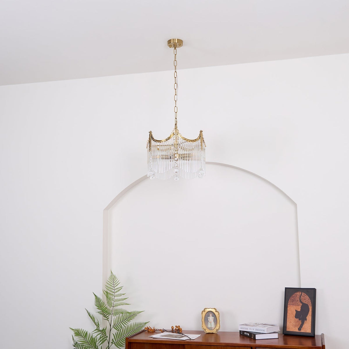 Cascading Crystal Chandelier Glass Rod Ceiling Light with Curved Metal Panels