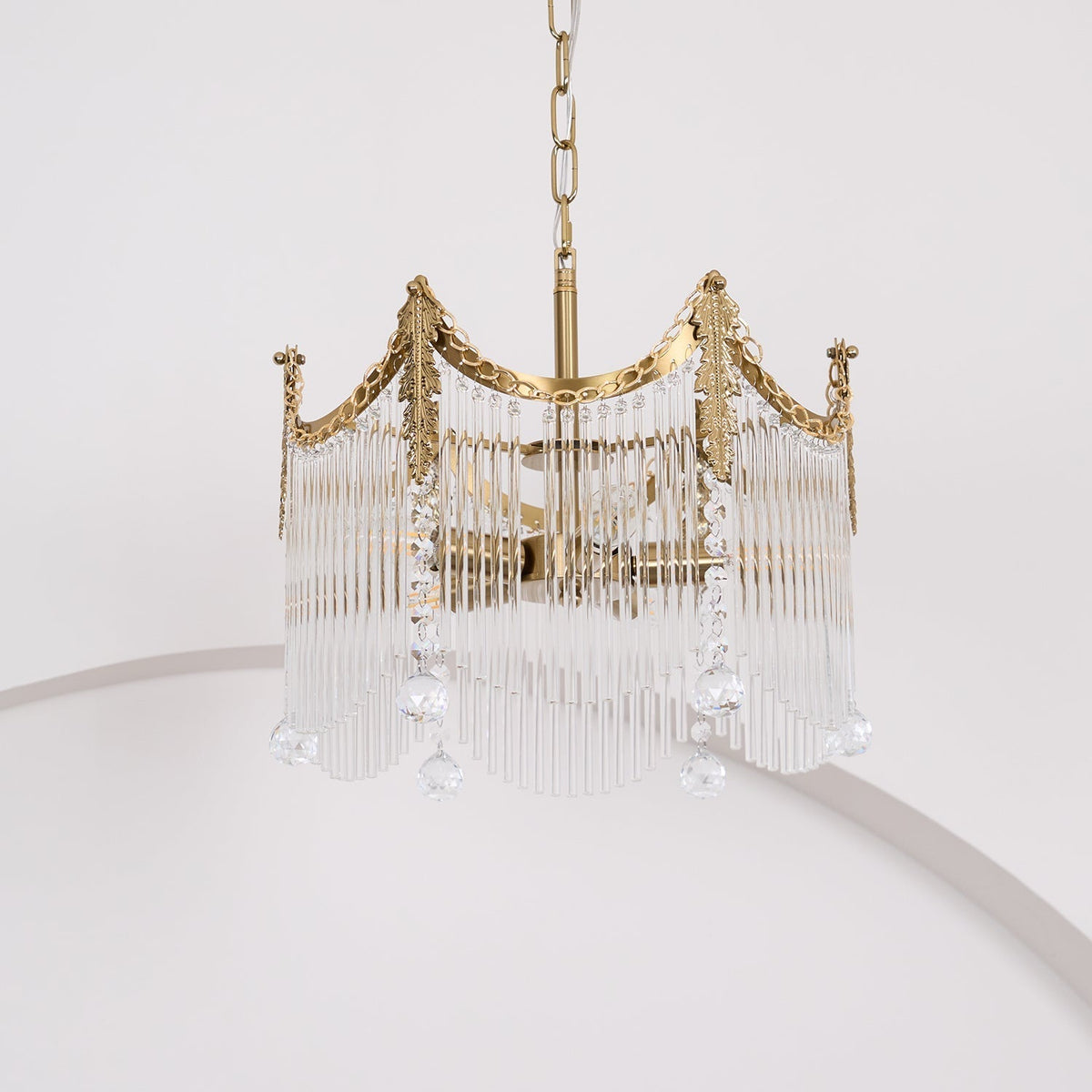 Cascading Crystal Chandelier Glass Rod Ceiling Light with Curved Metal Panels