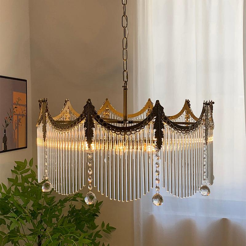 Cascading Crystal Chandelier Glass Rod Ceiling Light with Curved Metal Panels