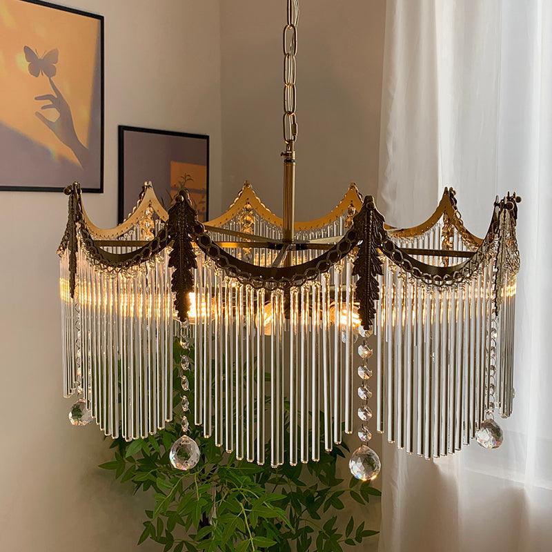 Cascading Crystal Chandelier Glass Rod Ceiling Light with Curved Metal Panels