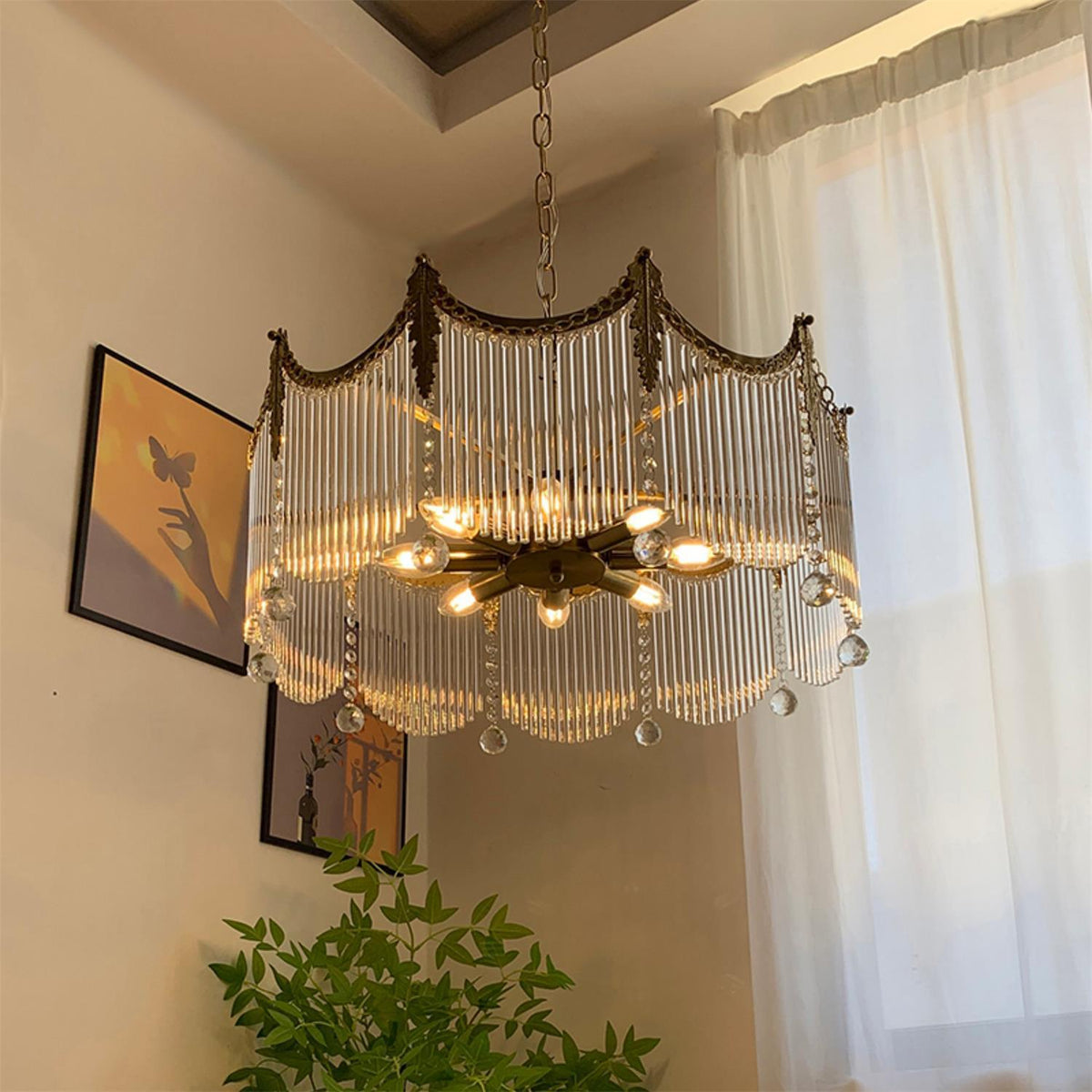 Cascading Crystal Chandelier Glass Rod Ceiling Light with Curved Metal Panels