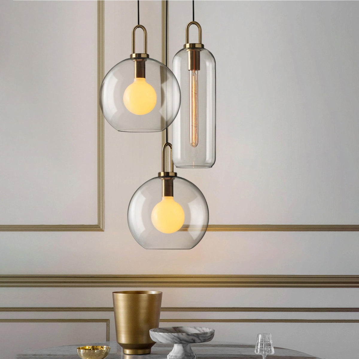 Copper Glass Pendant Elongated Cylinder Shade with Copper-Plated Hardware