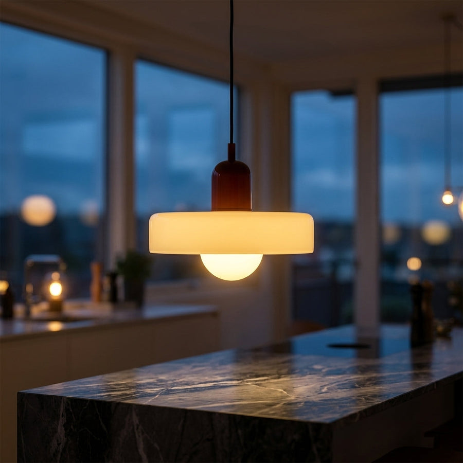 Bauhaus Glass Pendant Light with Curved Dome Shade and Lacquered Metal Top