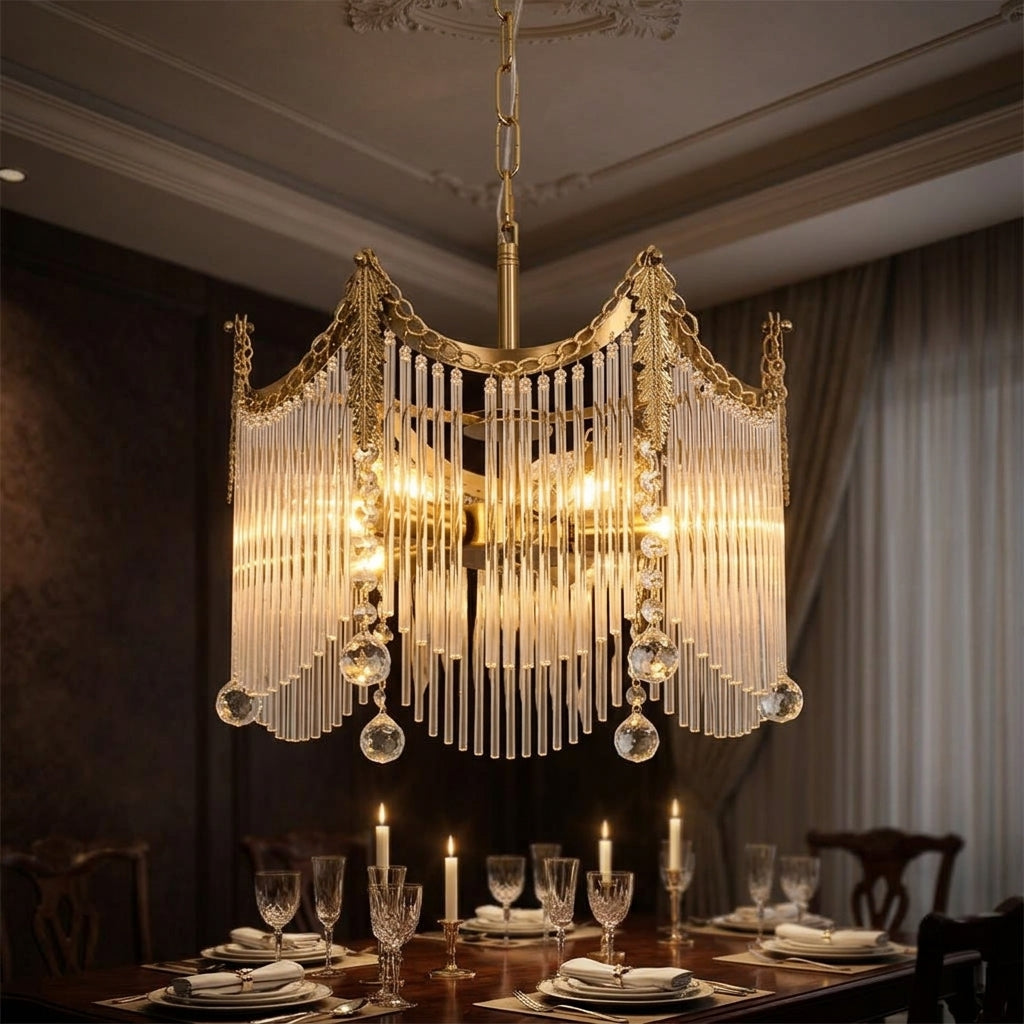 Cascading Crystal Chandelier Glass Rod Ceiling Light with Curved Metal Panels