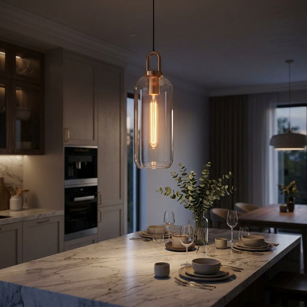 Copper Glass Pendant Elongated Cylinder Shade with Copper-Plated Hardware