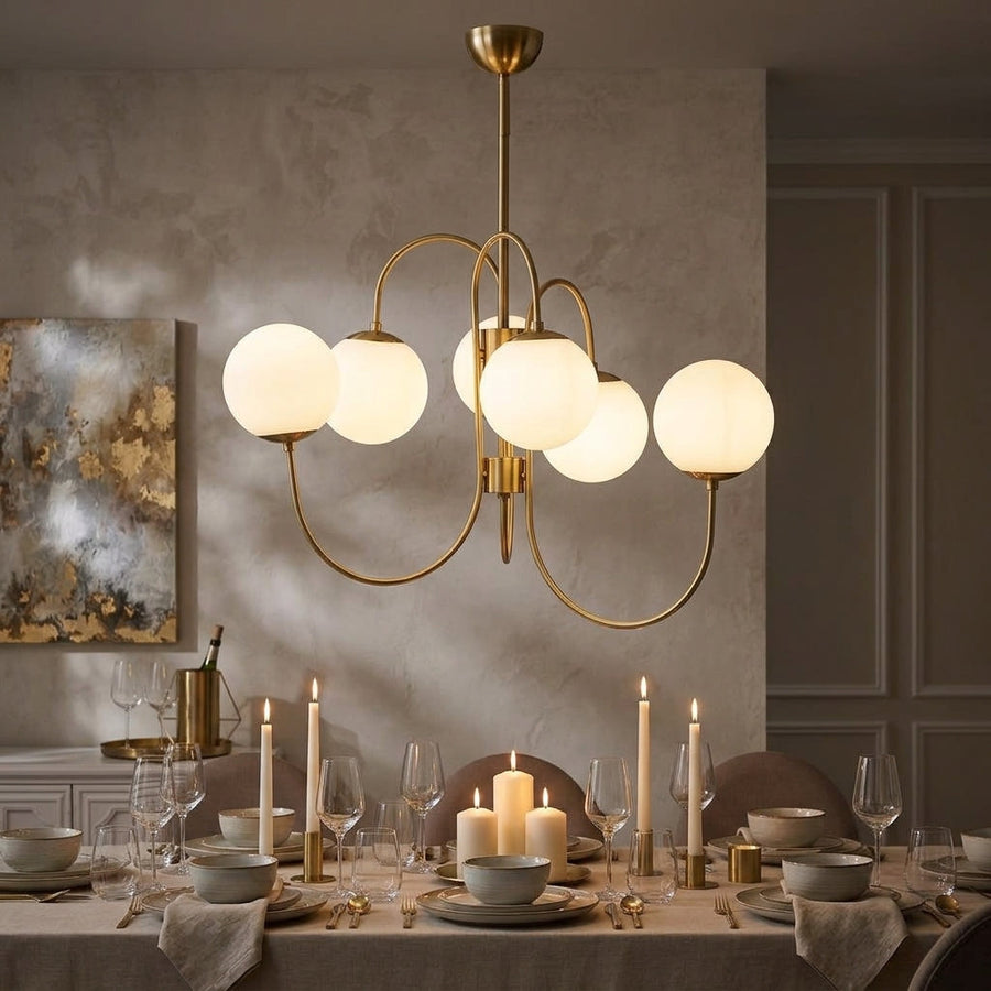 Halo Globe Chandelier with White Glass Globes and Branching Metal Frame