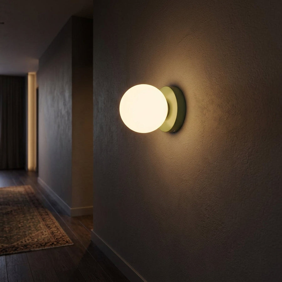 Halo Globe Sconce White Glass Wall Light with Circular Metal Backplate